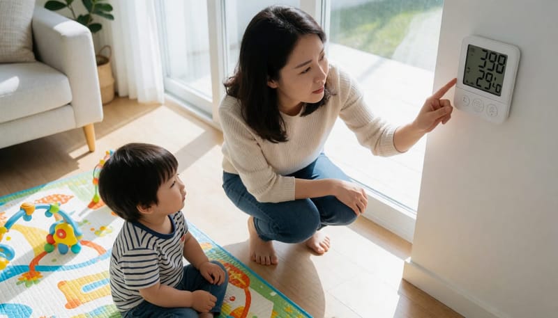 실내 온습도계 수치를 확인하는 엄마와 아이