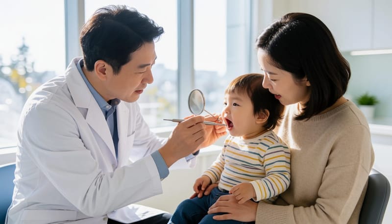 소아 구강검진을 받고 있는 아이와 치과의사