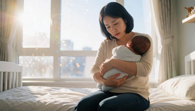 저녁 무렵 침실에서 우는 신생아를 안고 걱정스러운 표정을 짓는 엄마