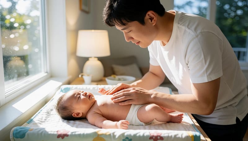 저녁에 배앓이하는 아기의 배를 살살 만져주는 아빠