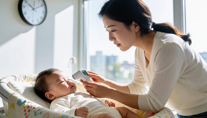체온계로 아기 상태를 확인하며 월령별 기준을 살피는 엄마