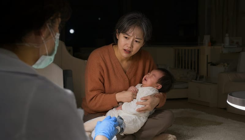밤에 울고 축 처진 아기를 안고 걱정하는 엄마