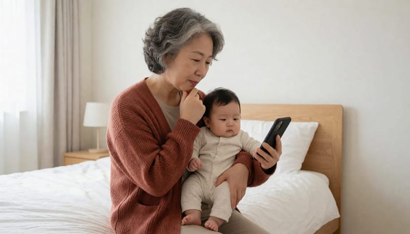 집에서 아기의 상태를 살피며 병원 방문 여부를 고민하는 엄마