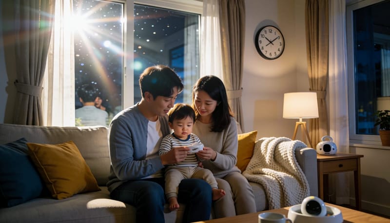 밤 시간대에 아빠가 아기 상태를 관찰하는 가정 모습