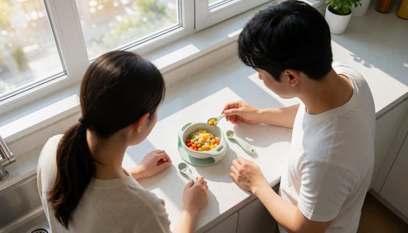 이유식 새 재료를 소량만 담아둔 아기 식기 상차림