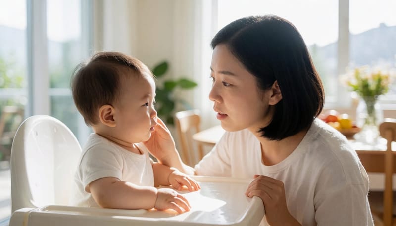 입술이 붓고 캑캑거리는 아기를 살피는 엄마