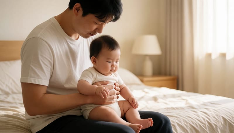 아빠가 아기 사타구니 부위를 확인하는 모습