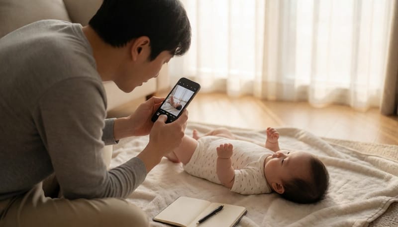 집에서 아기의 피부 변화를 사진으로 기록하는 아빠