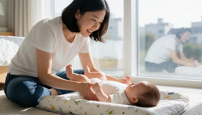 엄마가 아기 다리를 잡고 허벅지 주름을 비교하며 확인하는 모습