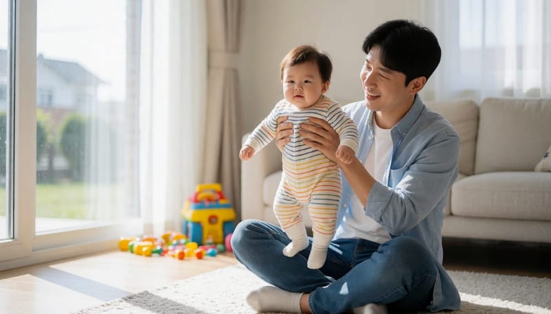 아빠가 개월수가 있는 아기를 세워서 다리 상태를 살피는 모습