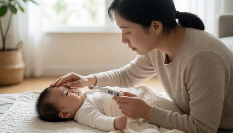 체온계로 아기 이마 열을 확인하는 엄마
