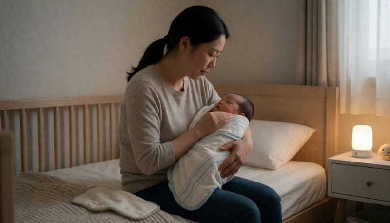 밤중에 신생아를 안고 달래는 지친 엄마의 모습