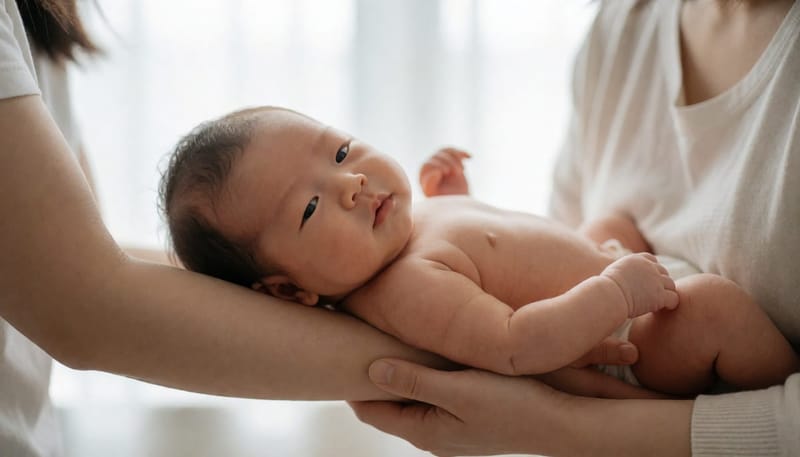 수유 직후 소량의 젖을 게워내는 신생아의 얼굴 클로즈업