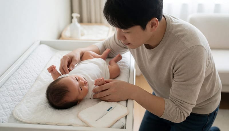 아기 상태를 세심히 살펴보는 아빠의 모습