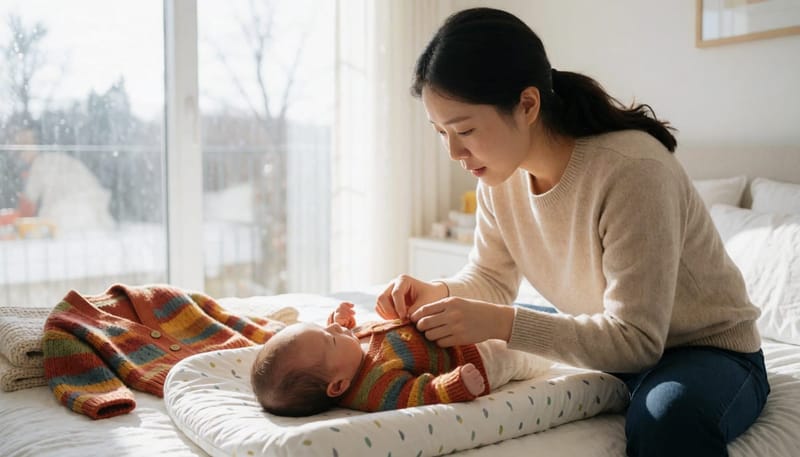 환절기 옷을 입히다 아기의 목이 한쪽으로 기울어진 것을 발견하는 엄마