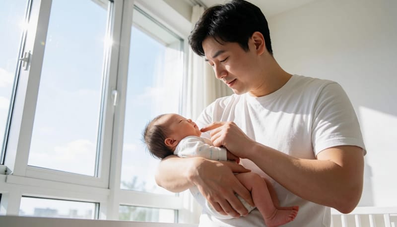아기의 목과 얼굴 비대칭을 살펴보는 아빠