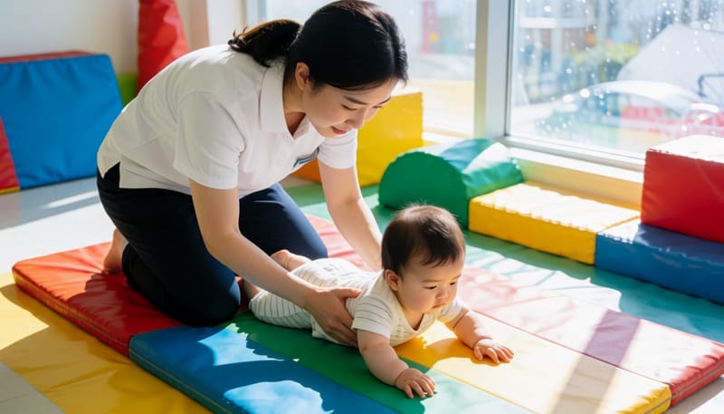 소아 재활치료실에서 고관절과 전신 발달을 살피는 물리치료사