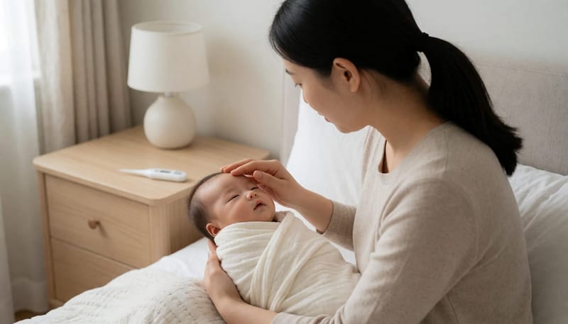 열이 나는 생후 3개월 미만 아기의 이마를 짚어보는 엄마