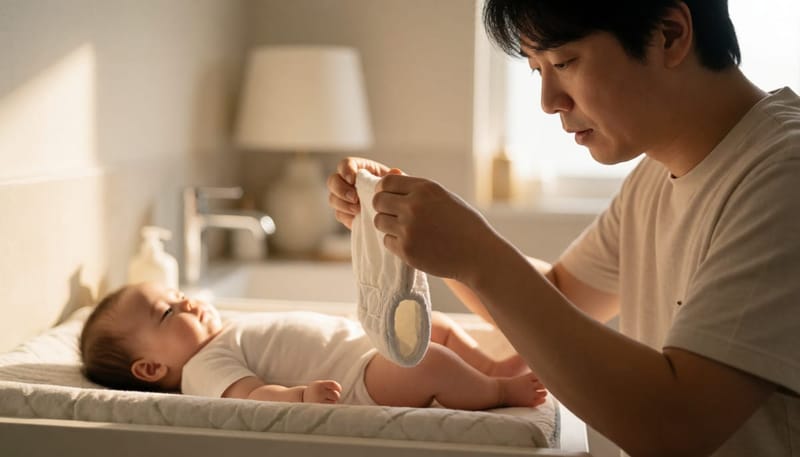 기저귀를 살펴보며 소변 색을 확인하는 아빠