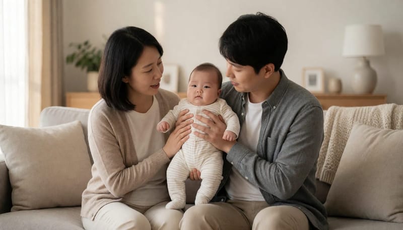 함께 아기를 돌보며 이야기 나누는 부모