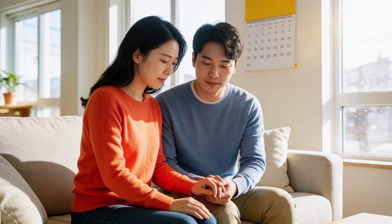 소파에 앉아 있는 부부가 걱정스러운 표정으로 서로를 다독이는 모습