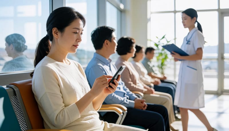 병원 대기실에서 스마트폰 달력을 확인하며 검사 시기를 가늠하는 여성