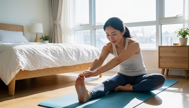 아침 햇살 속에서 스트레칭하는 여성의 모습으로 건강한 생활관리를 표현