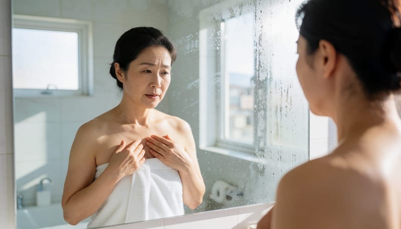 욕실 거울 앞에서 가슴 피부를 손으로 짚어보며 살피는 여성