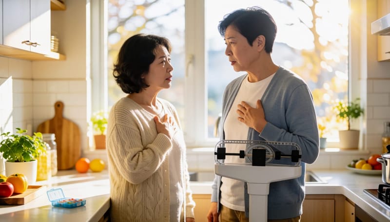 체중계에 올라서서 가슴 부위를 만지며 고민하는 여성