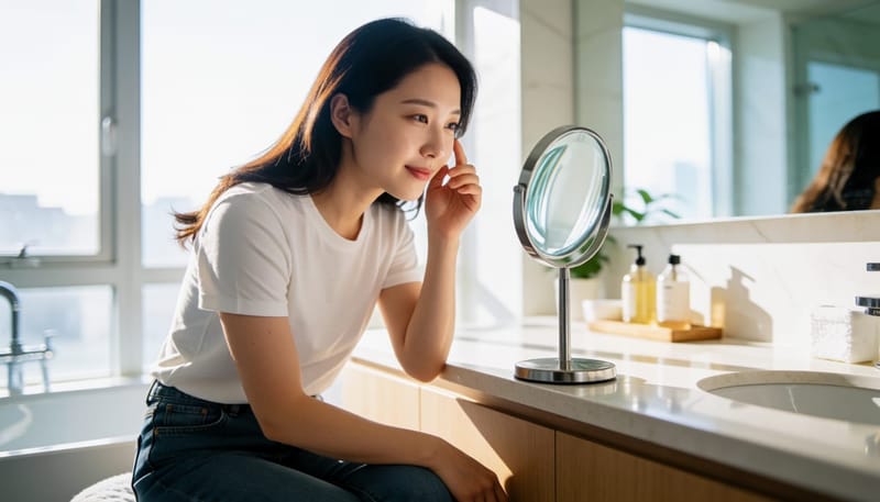여성이 확대 거울로 자신의 눈 상태를 확인하는 모습