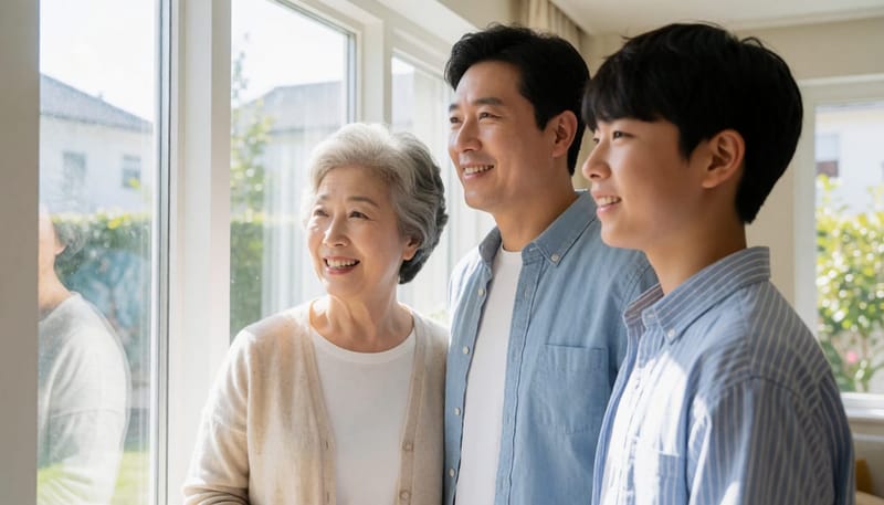 할머니, 중년 남성, 청소년이 나란히 서 있는 3대 가족의 모습
