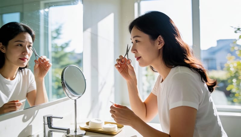 여성이 눈가에 가위를 대려다 멈칫하는 모습