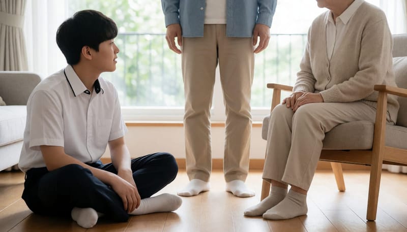 교복 입은 청소년, 중년 남성, 노년 여성의 맨발이 함께 보이는 장면