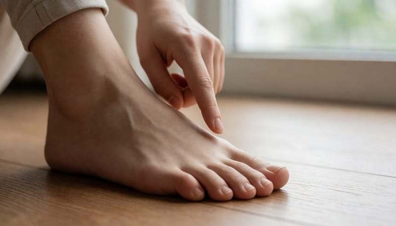 발톱 옆살이 빨갛게 부은 부위를 손가락으로 가리키는 클로즈업
