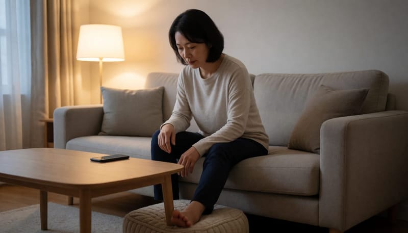집에서 발 상태를 살피며 고민하는 여성의 모습