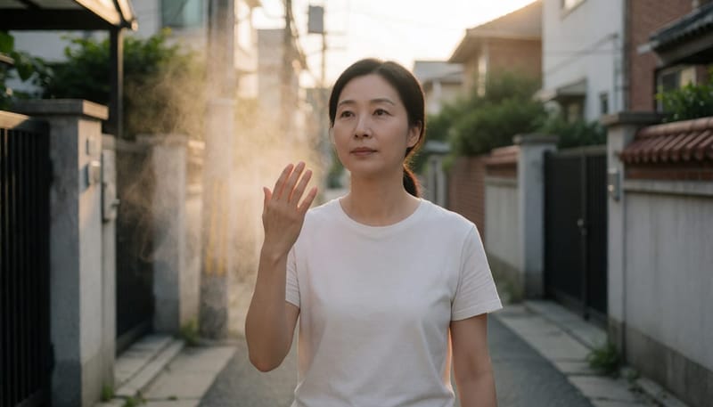 습한 여름 저녁 산책하는 여성 모습