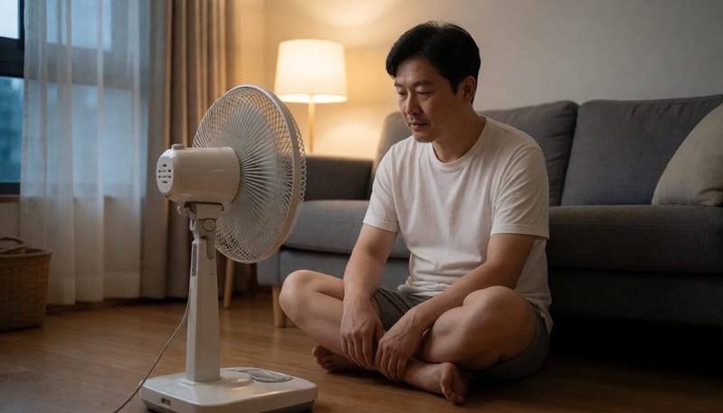 선풍기 바람 쐬며 발목 살피는 모습