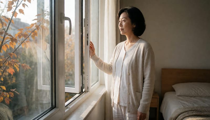 창가에 서서 아침 공기를 느끼며 피곤한 표정을 짓는 중년 여성