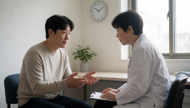 진료실에서 의사와 마주앉아 수면 문제를 상담하는 남성의 모습