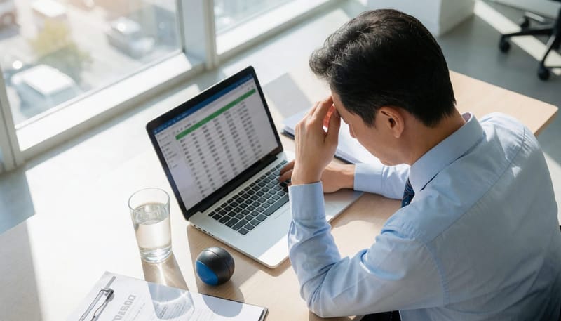 직장인이 스트레스로 이마를 짚고 있는 책상 장면
