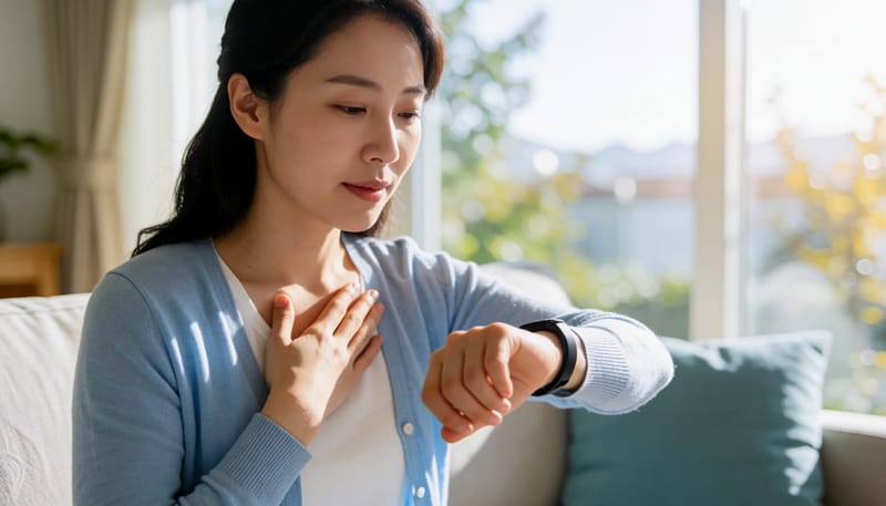 손목 기기로 신체 반응을 확인하는 여성