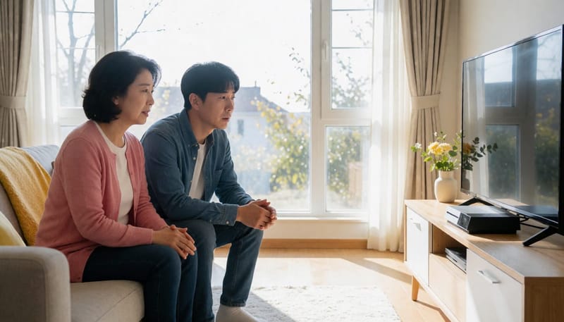 걱정스러운 표정으로 함께 앉아있는 어머니와 아들