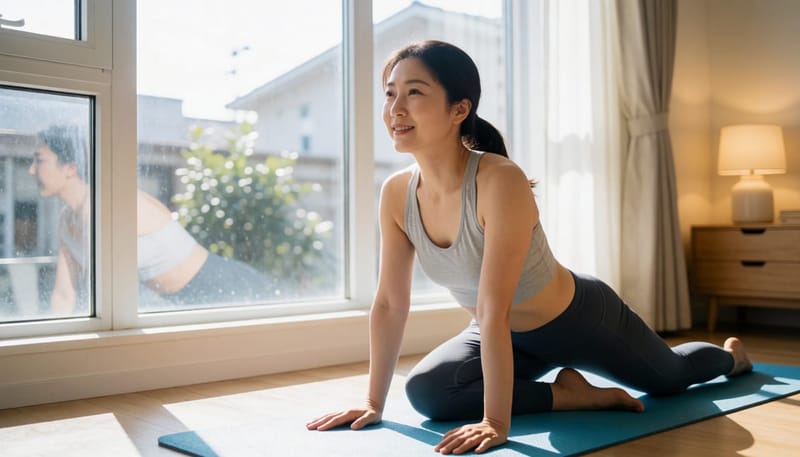 퇴근 후 집에서 등을 둥글게 늘리는 스트레칭을 하는 여성