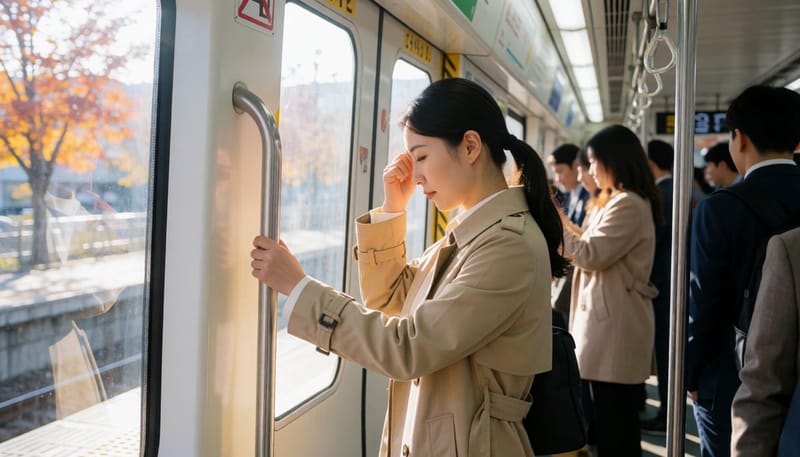 환절기 출근길 지하철에서 어지럼을 느끼며 이마를 짚은 여성