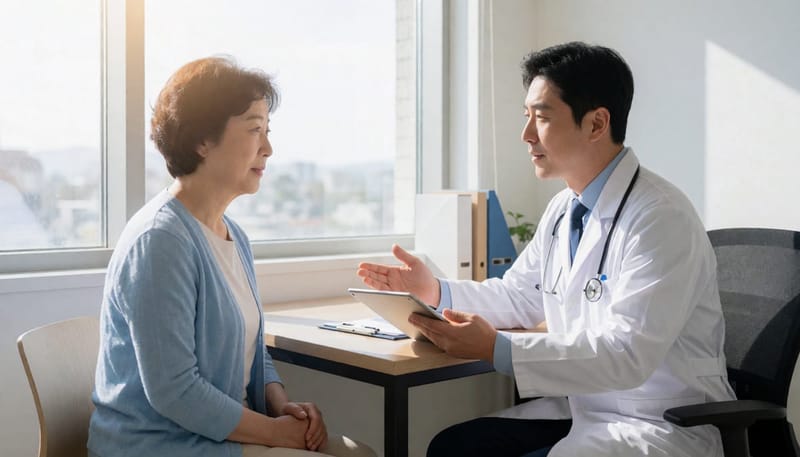 의사와 환자가 마주 앉아 진료 상담을 나누는 모습