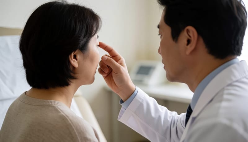 의사가 환자의 눈꺼풀 안쪽 색을 확인하는 진료 장면