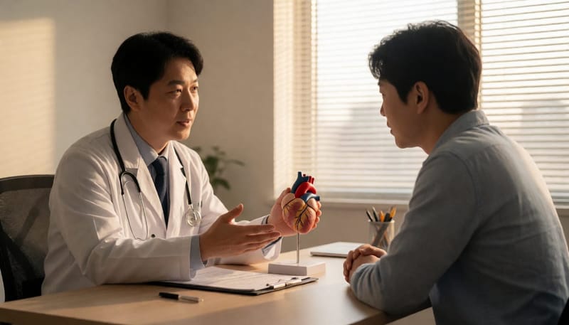 의사가 심장 모형을 보여주며 환자에게 설명하는 상담 장면