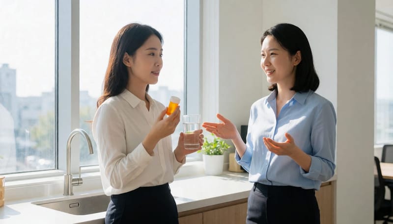 동료와 대화하며 철분제를 손에 든 채 의아해하는 여성