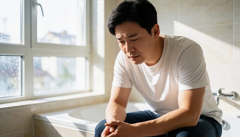 화장실에서 걱정스러운 표정으로 앉아 있는 남성