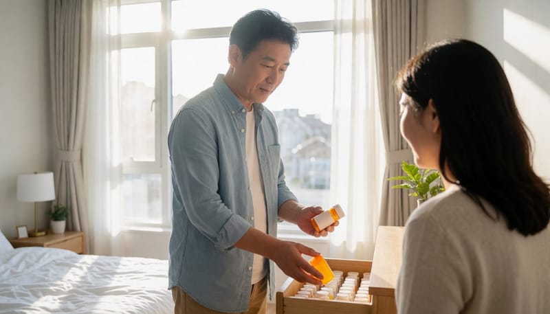 속이 편해졌다며 영양제를 그만 넣어두려는 남성